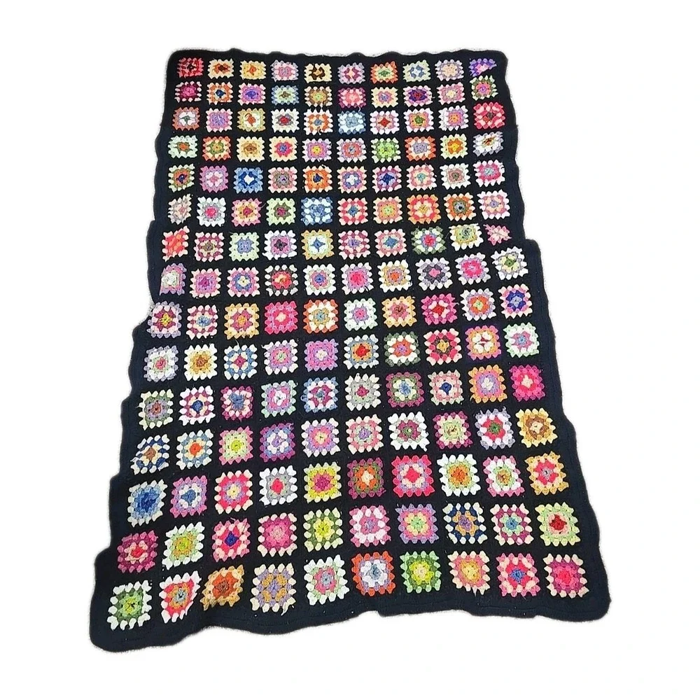Vtg Handmade Multicolor Crochet Granny Square Home Decor Afghan Blanket 59